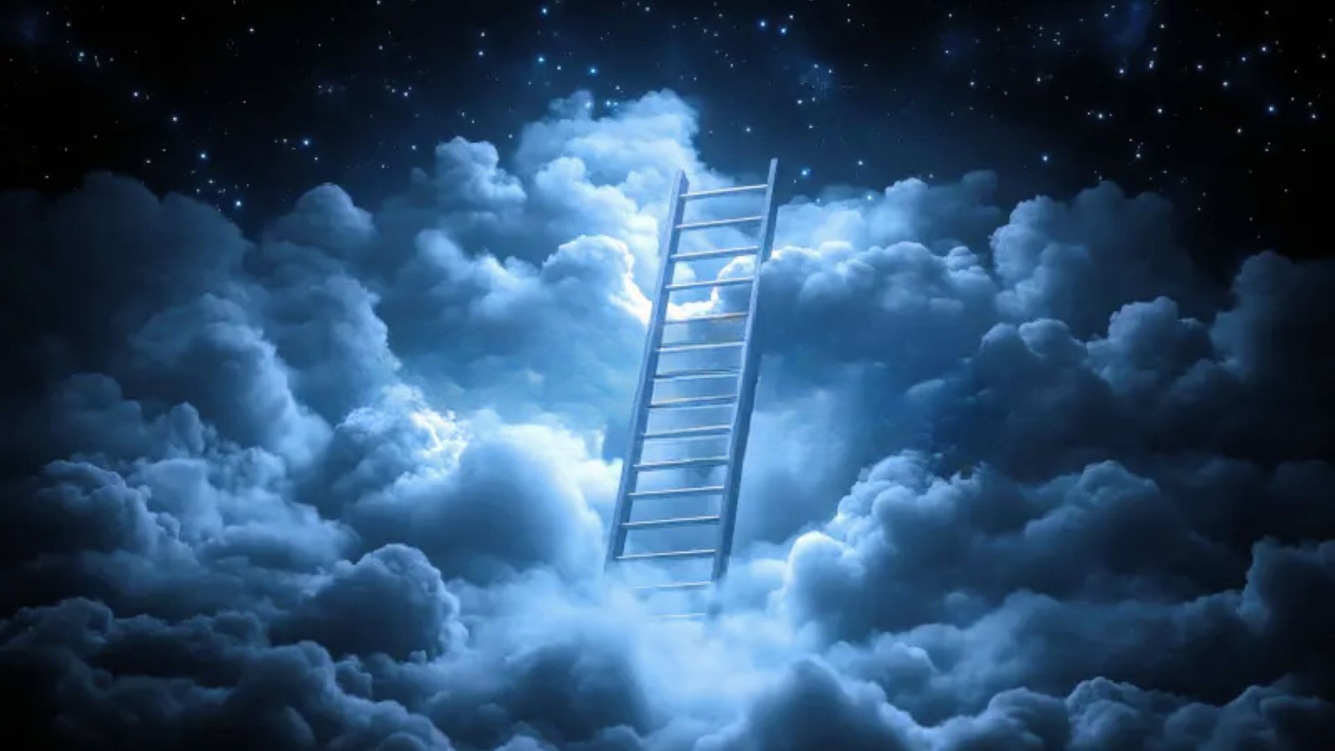 A wooden ladder rising into glowing storm clouds under a starry sky, a surreal cloud drawing idea with dreamy vibes.