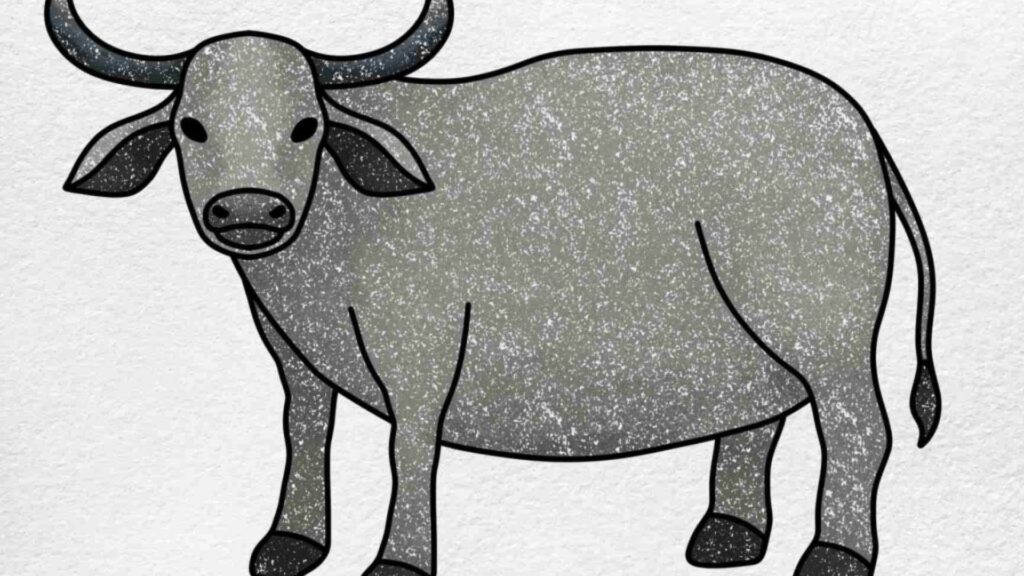 "Cartoon cow with horns standing against a plain white background."