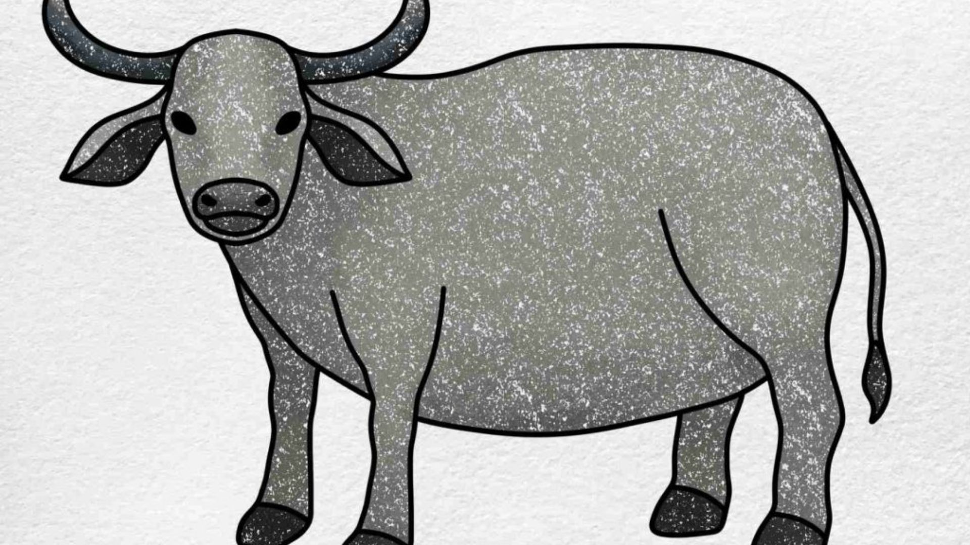 "Cartoon cow with horns standing against a plain white background."