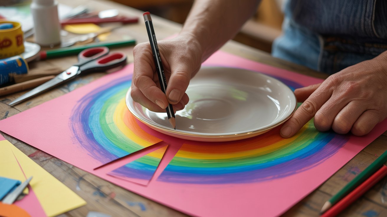 Tracing and cutting a paper circle with a wedge removed to create a party hat template