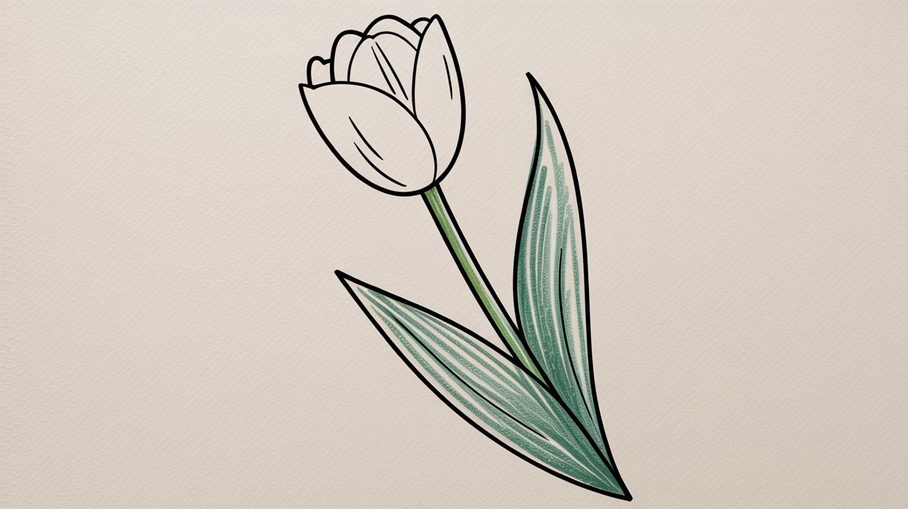 Side-view line drawing of a tulip with bold black outline and green colored leaves.