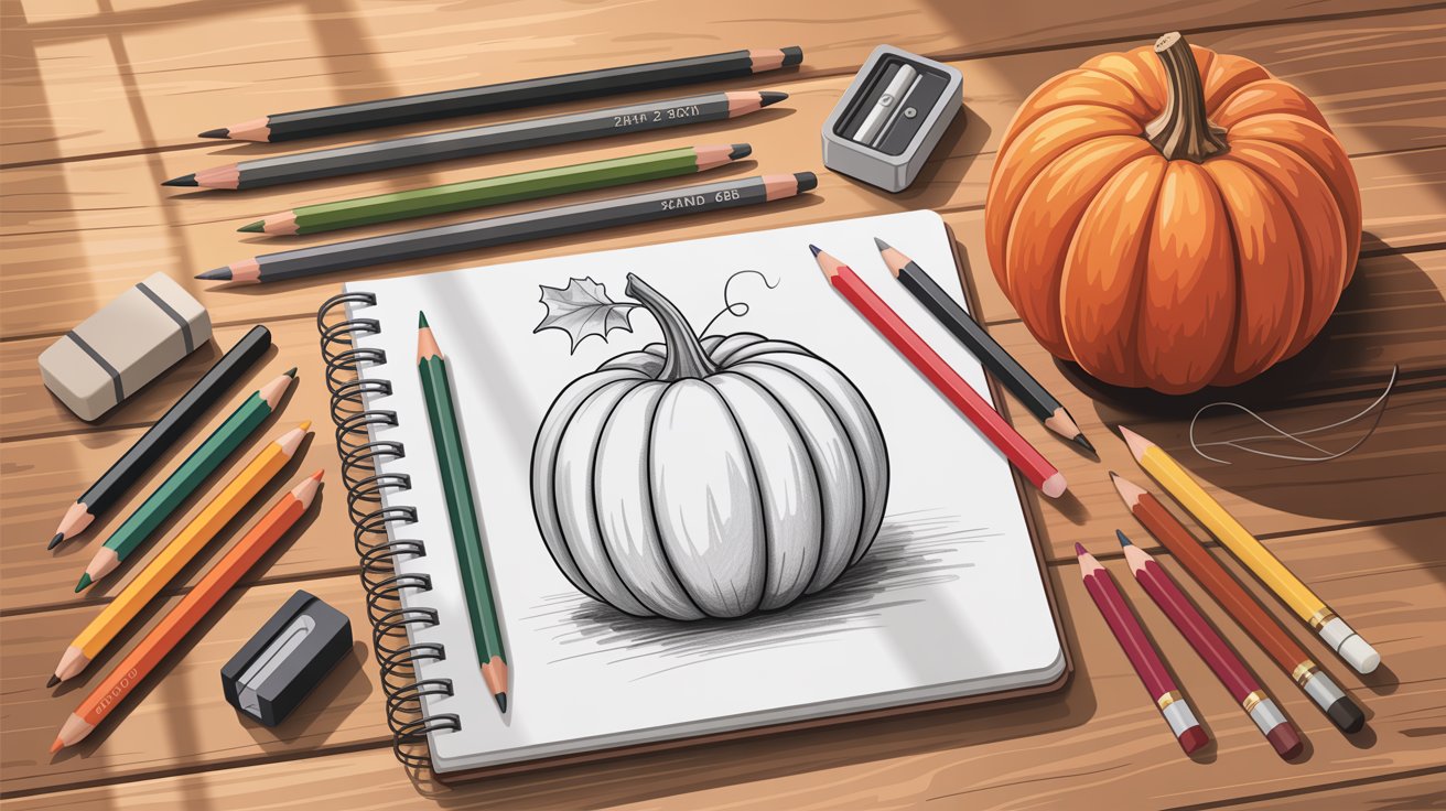 Hand erasing pencil lines on easy pumpkin drawing in sketchbook with eraser shavings on desk