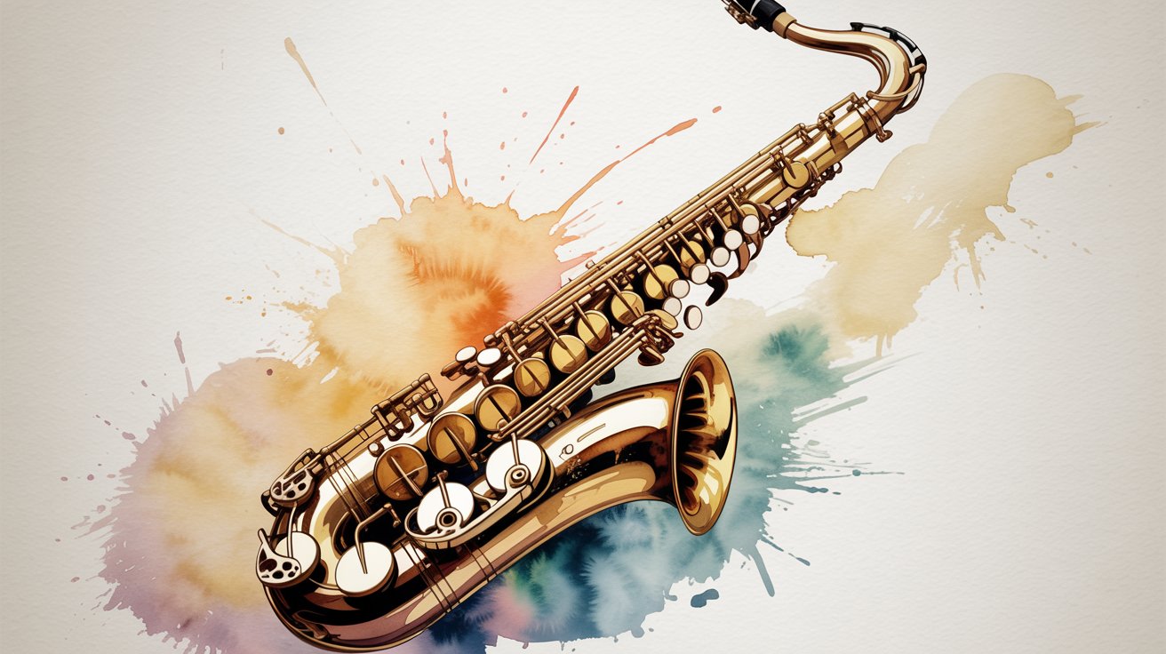 Golden saxophone painted in realistic detail over loose watercolor splashes in teal, amber, and violet.