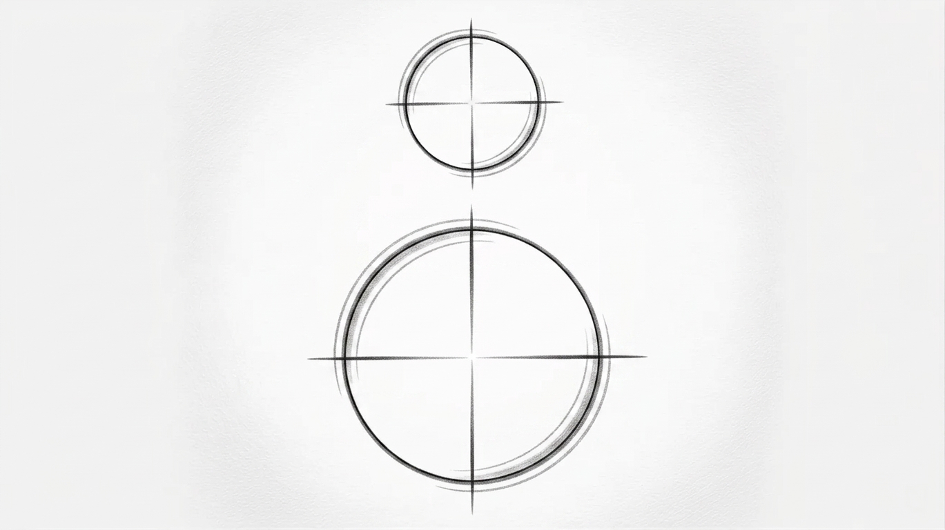 Two circle shapes head and body sketch light pencil simple drawing proportions guide clean