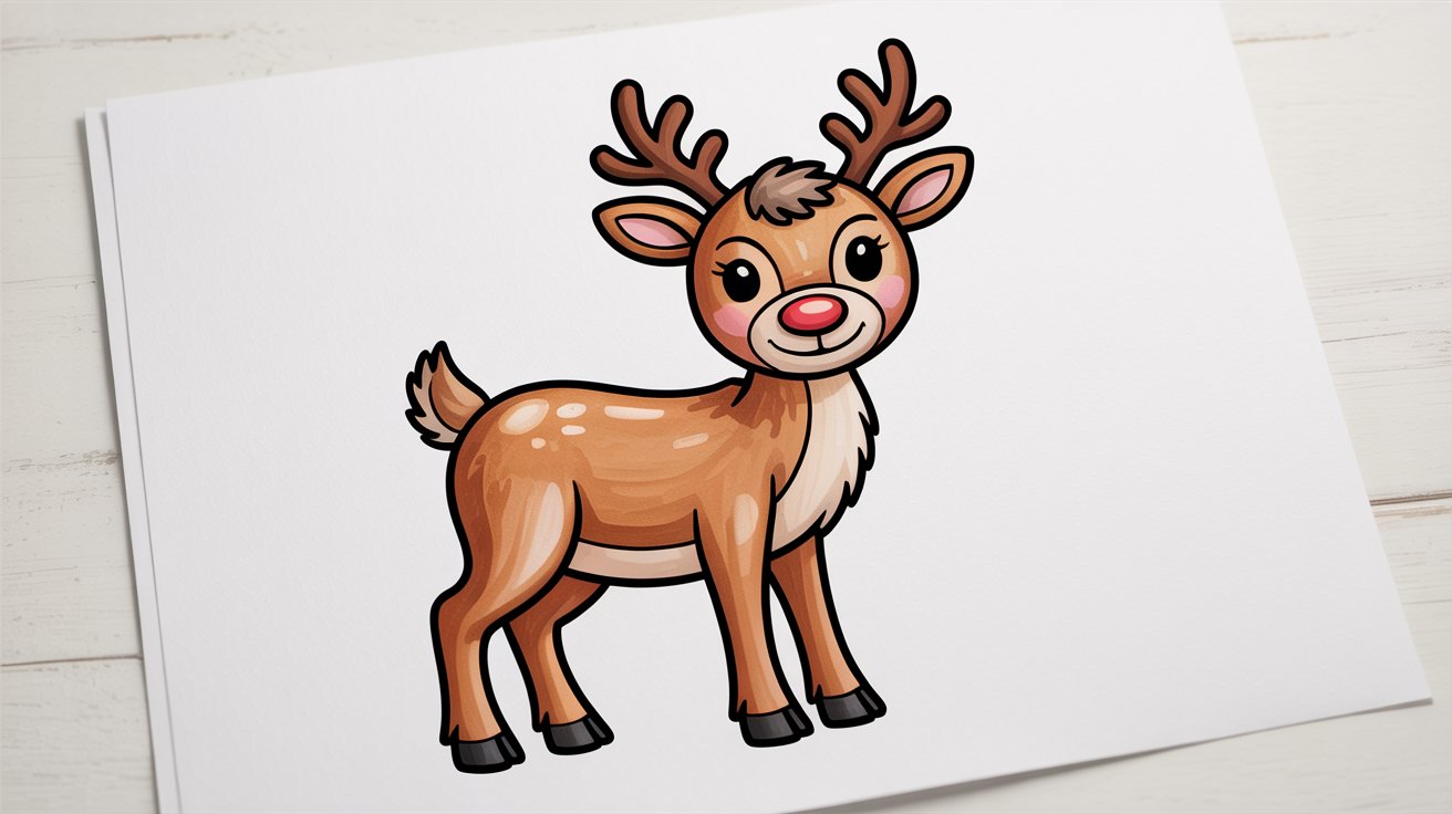 Colored reindeer drawing with black outline, brown body, and red nose finished artwork