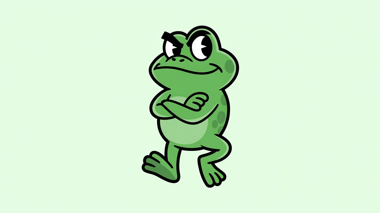 Sassy cartoon frog stands with arms crossed and raised eyebrow, smirking on mint background