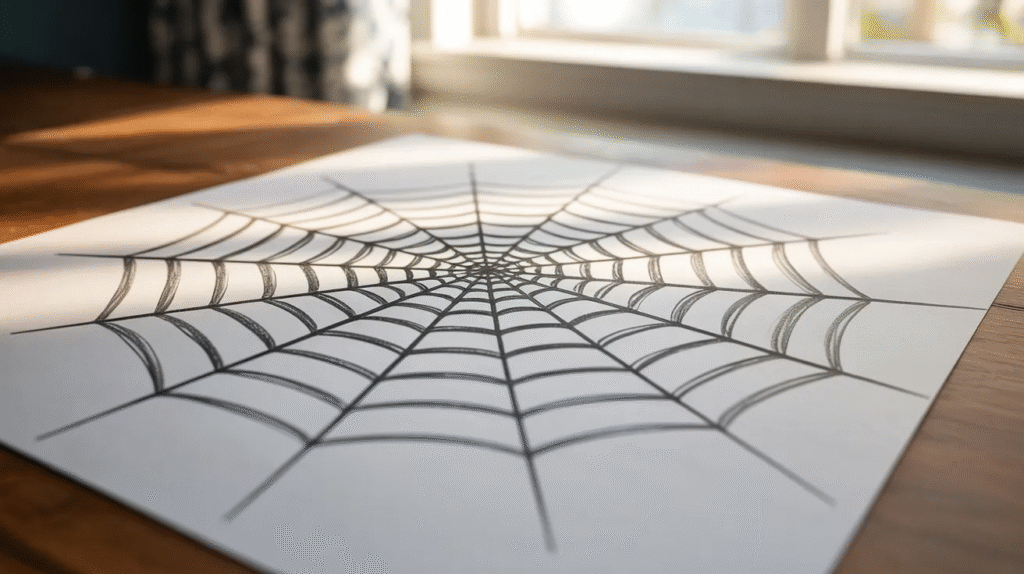 Finished spider web drawing on paper showing clean structure with center spokes and curved rings in realistic style