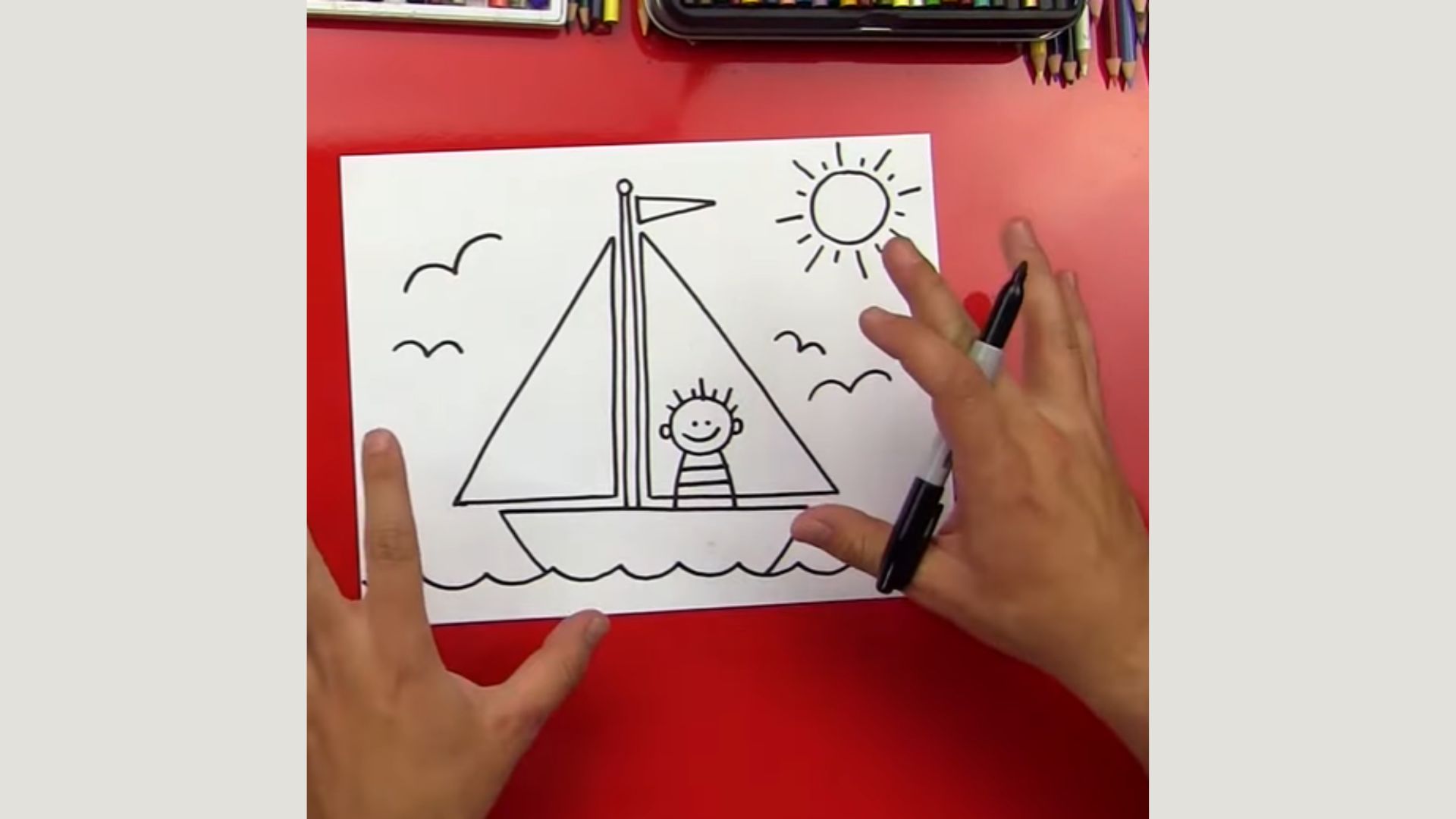 "Visual tutorial depicting the stages of drawing a sailboat, highlighting techniques and artistic elements."