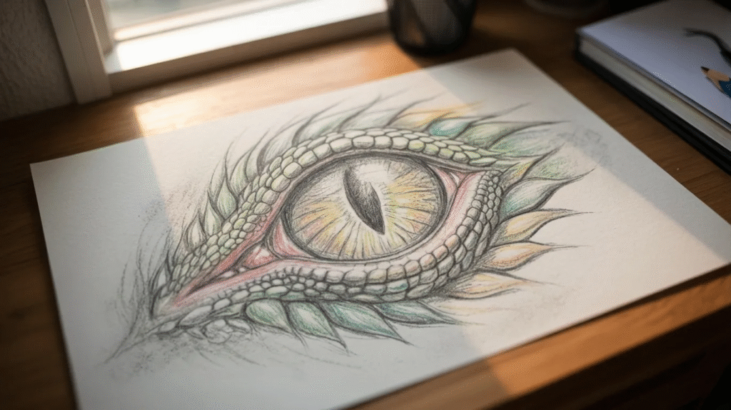 Finished dragon eye drawing with colored shading and scales on paper in realistic hand-drawn style