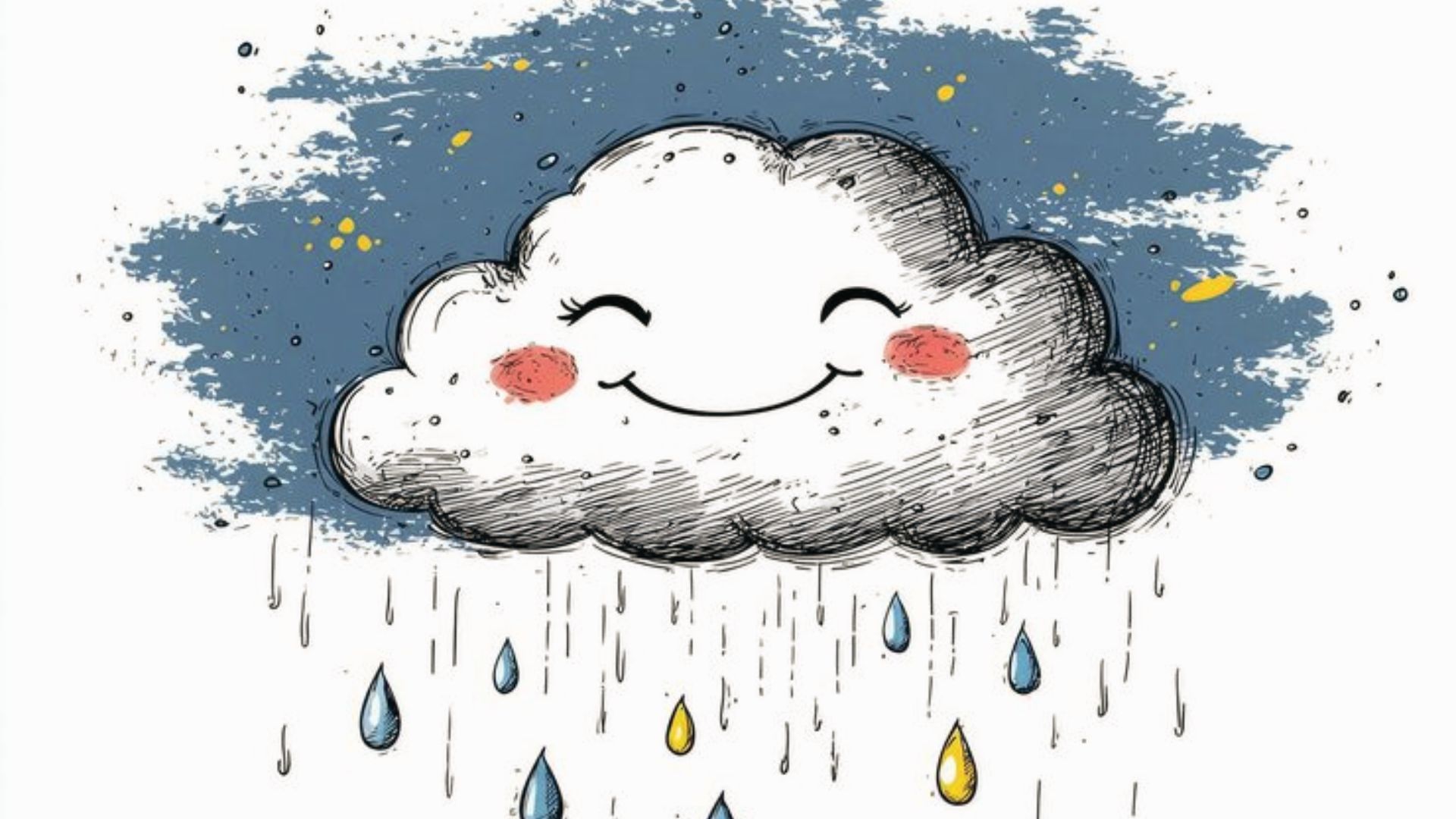 Hand-drawn smiling cloud with blushing cheeks and closed eyes raining blue and yellow drops, in a cute sketch style on textured paper.