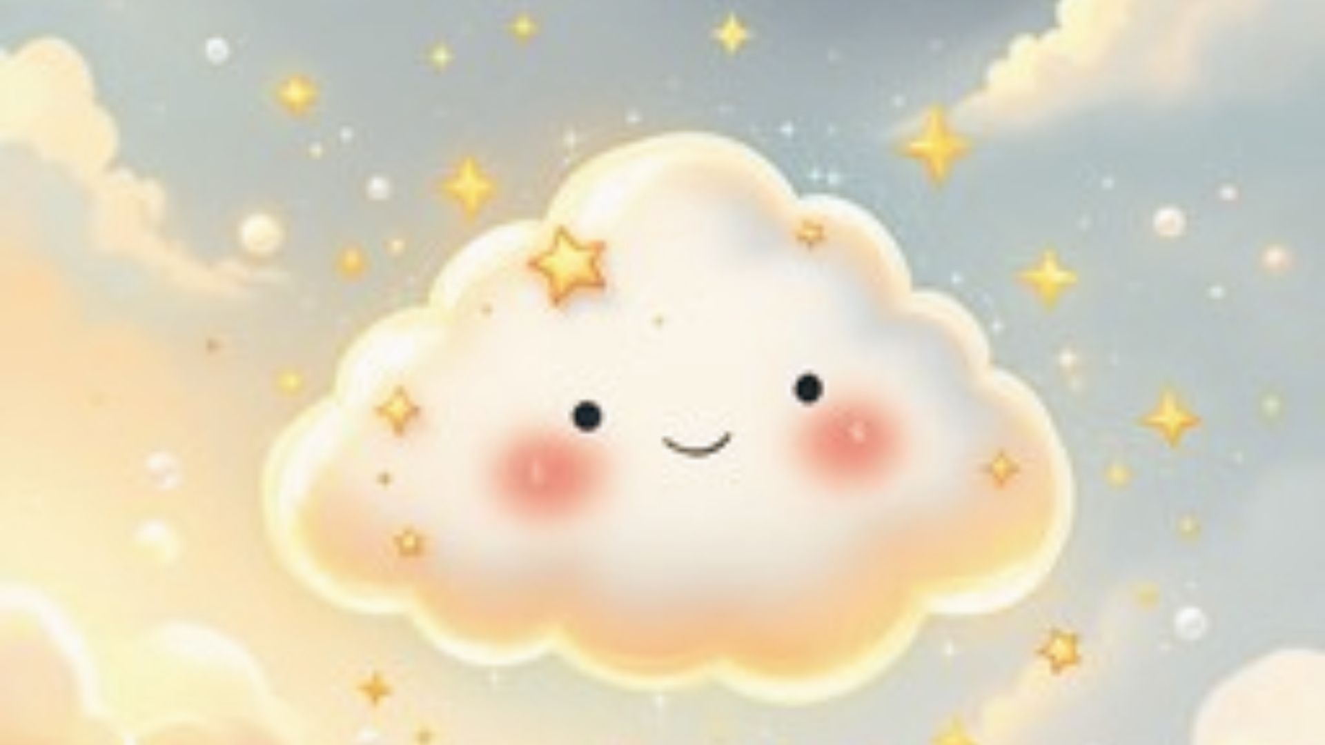 A cute cloud with rosy cheeks, smiling face, and sparkles floating in a pastel sky, showing a simple kawaii cloud drawing style.