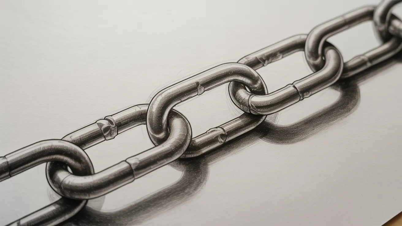 Chain drawing step with erased overlapping lines creating clean interlocking links in pencil sketch