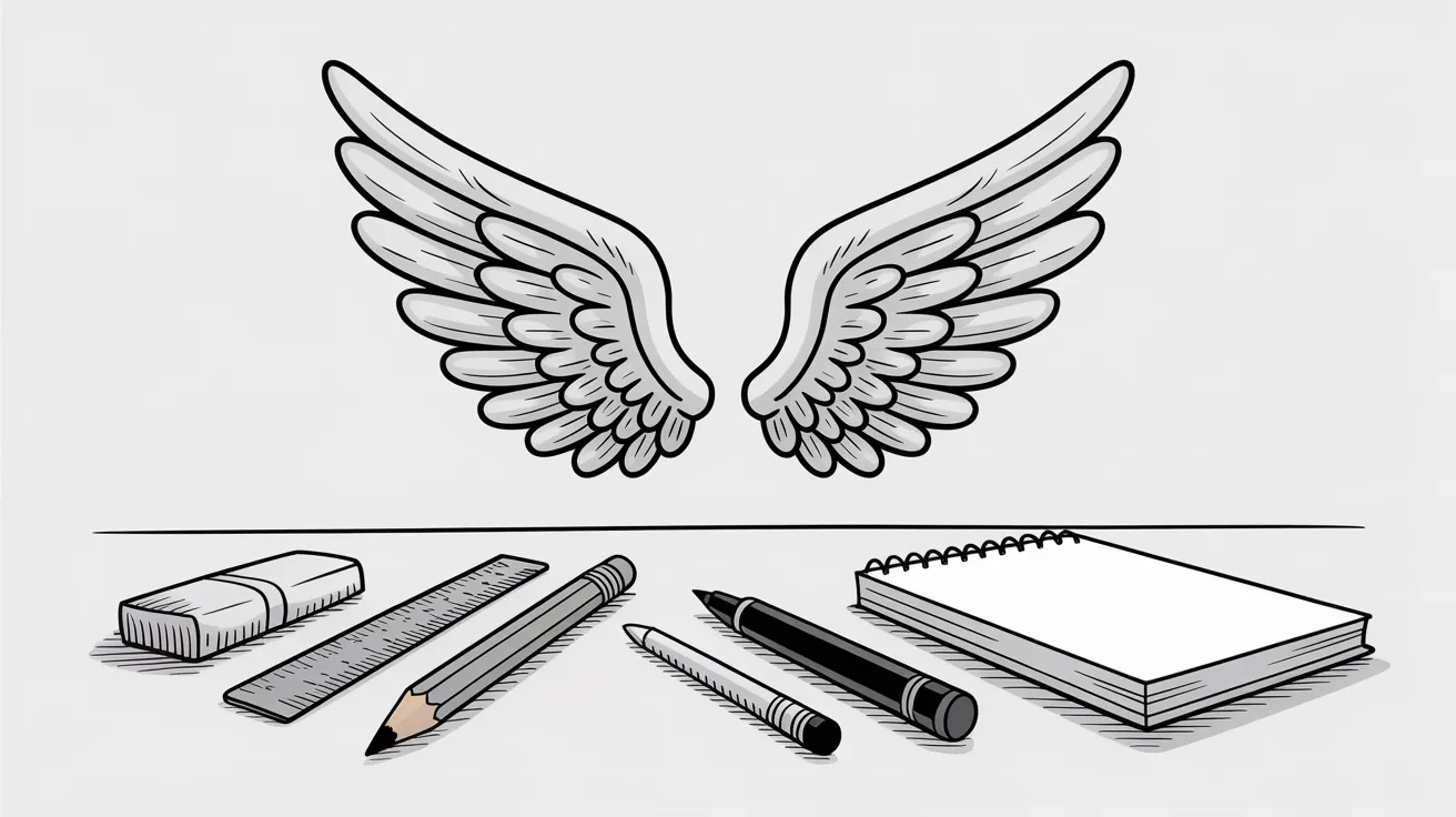 A collection of drawing tools including pencils, erasers, and paper, arranged to illustrate how to draw angel wings.