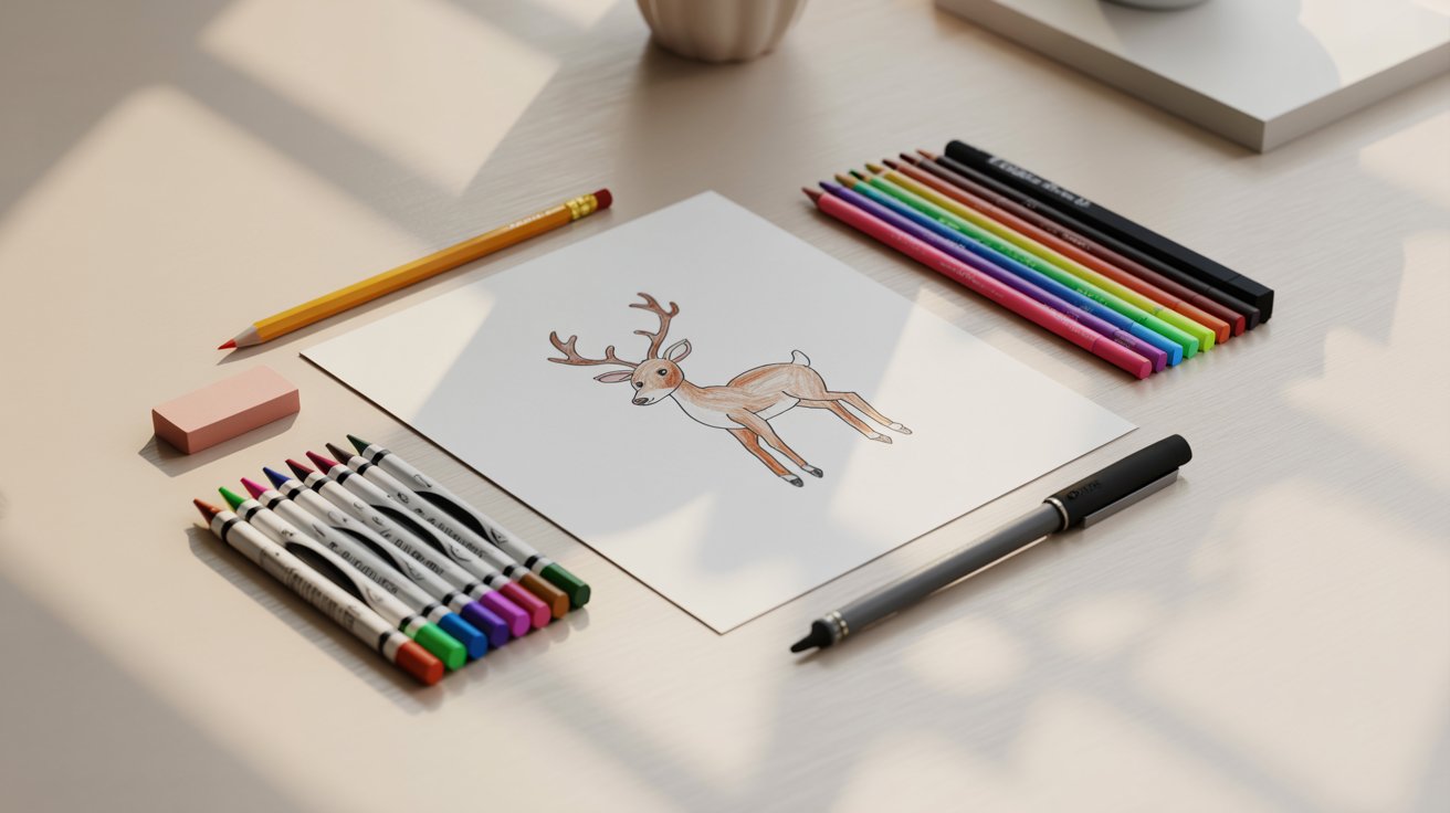 Reindeer drawing materials with paper, pencil, eraser, coloring tools, and simple sketch workspace