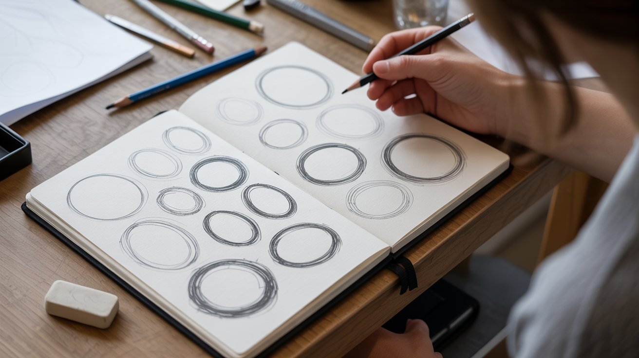 "Sketchbook with circles and ovals drawing warm up practice in pencil"