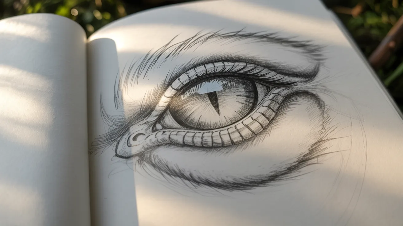 Beginner dragon eye drawing showing simple shading and early stage details on sketchbook