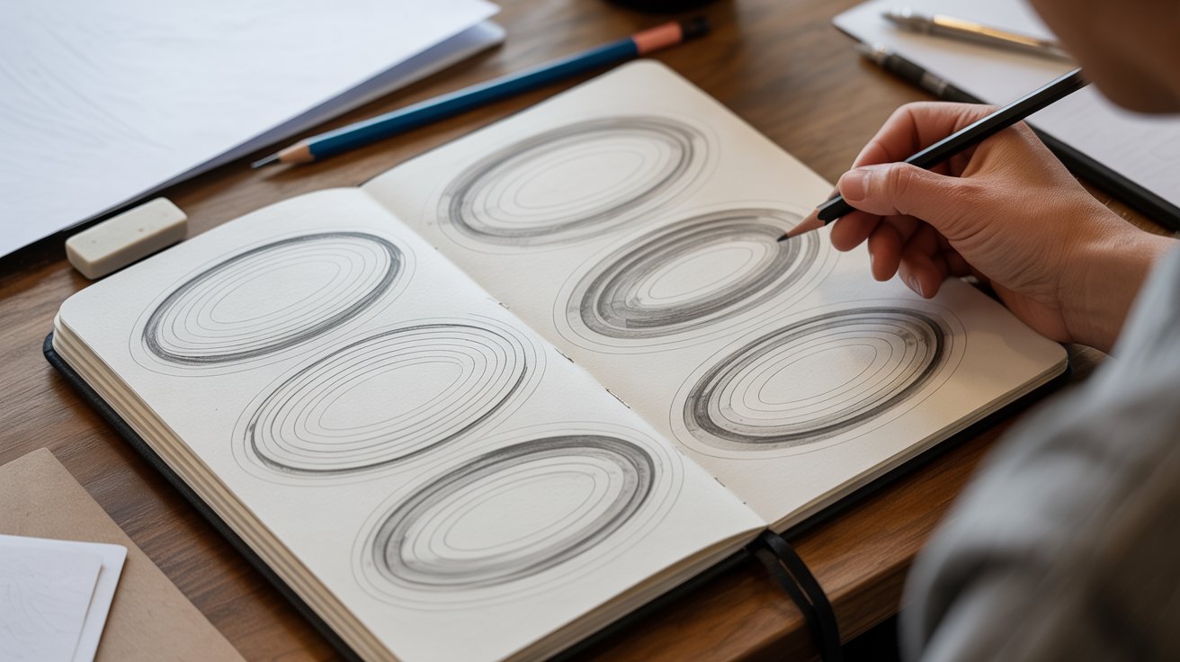 "Sketchbook with nested ellipse drawing warm up for perspective practice"