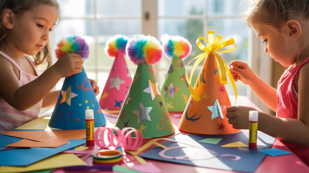 Decorating a paper party hat with colorful craft supplies like stickers and pom-poms
