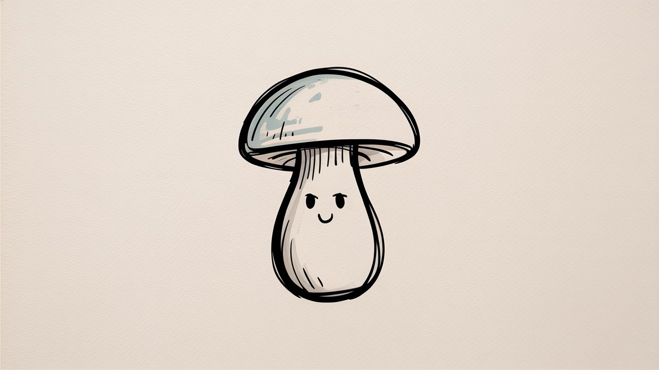 Minimalist sketch of a smiling white mushroom with a simple dome cap and round body.