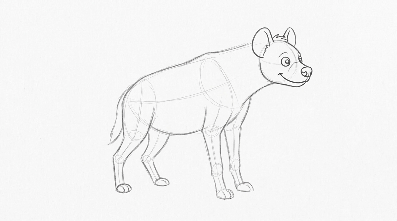 Hyena back legs slightly bent and shorter maintaining natural sloping body posture