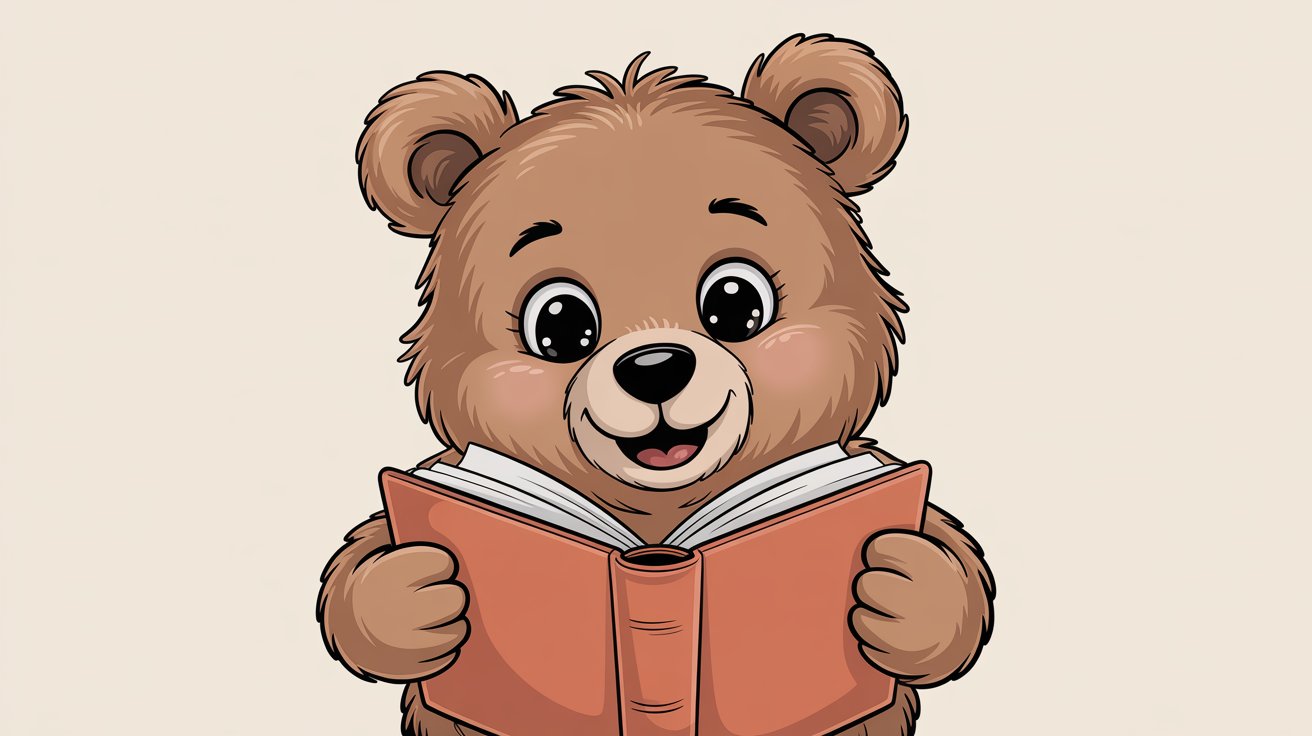Excited bear cub with wide eyes reads an open orange book.