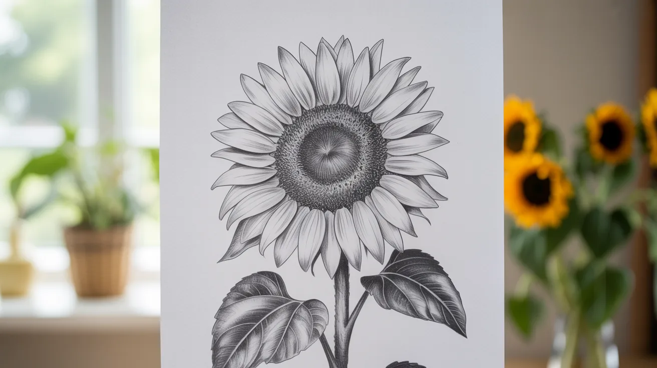 Finished sunflower drawing with shading, darker center, and clean refined pencil details on paper