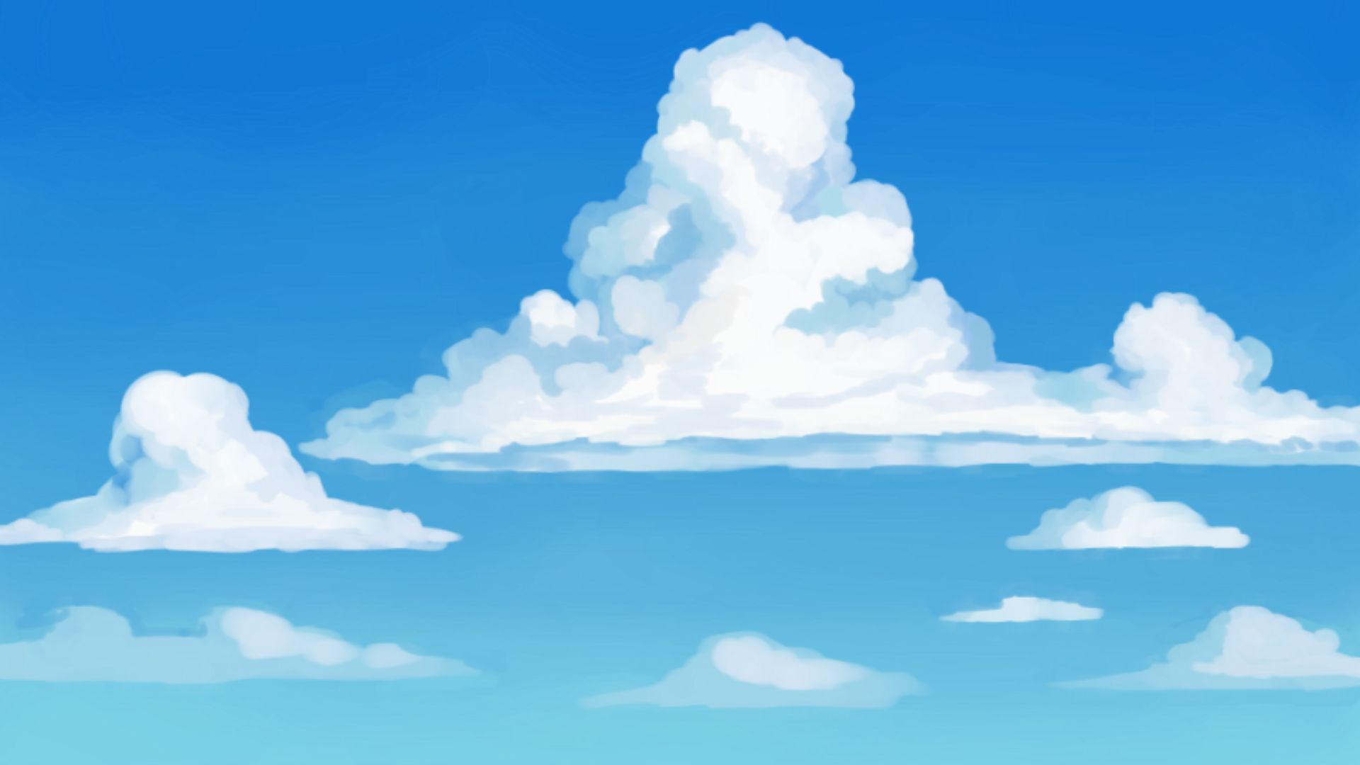 Painting of puffy white cumulus clouds in a vivid anime style, set against a gradient blue sky, perfect for cute sky drawing inspiration.