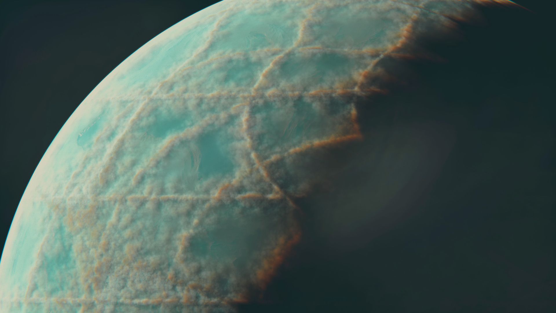 Close-up of a teal planet covered in swirling cloud trails forming geometric lines, showing a new atmospheric cloud drawing style from space.