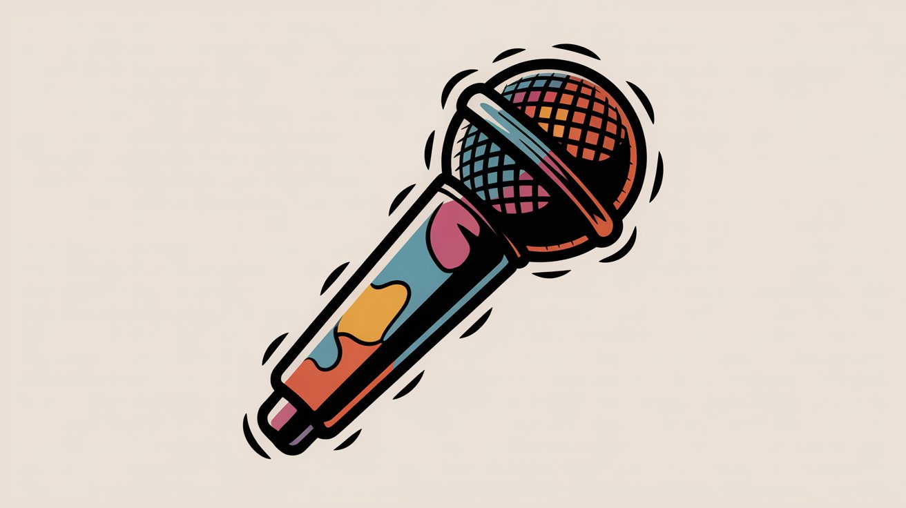 Bold colorful pop-art microphone drawing with orange, blue, pink patterns and motion lines.