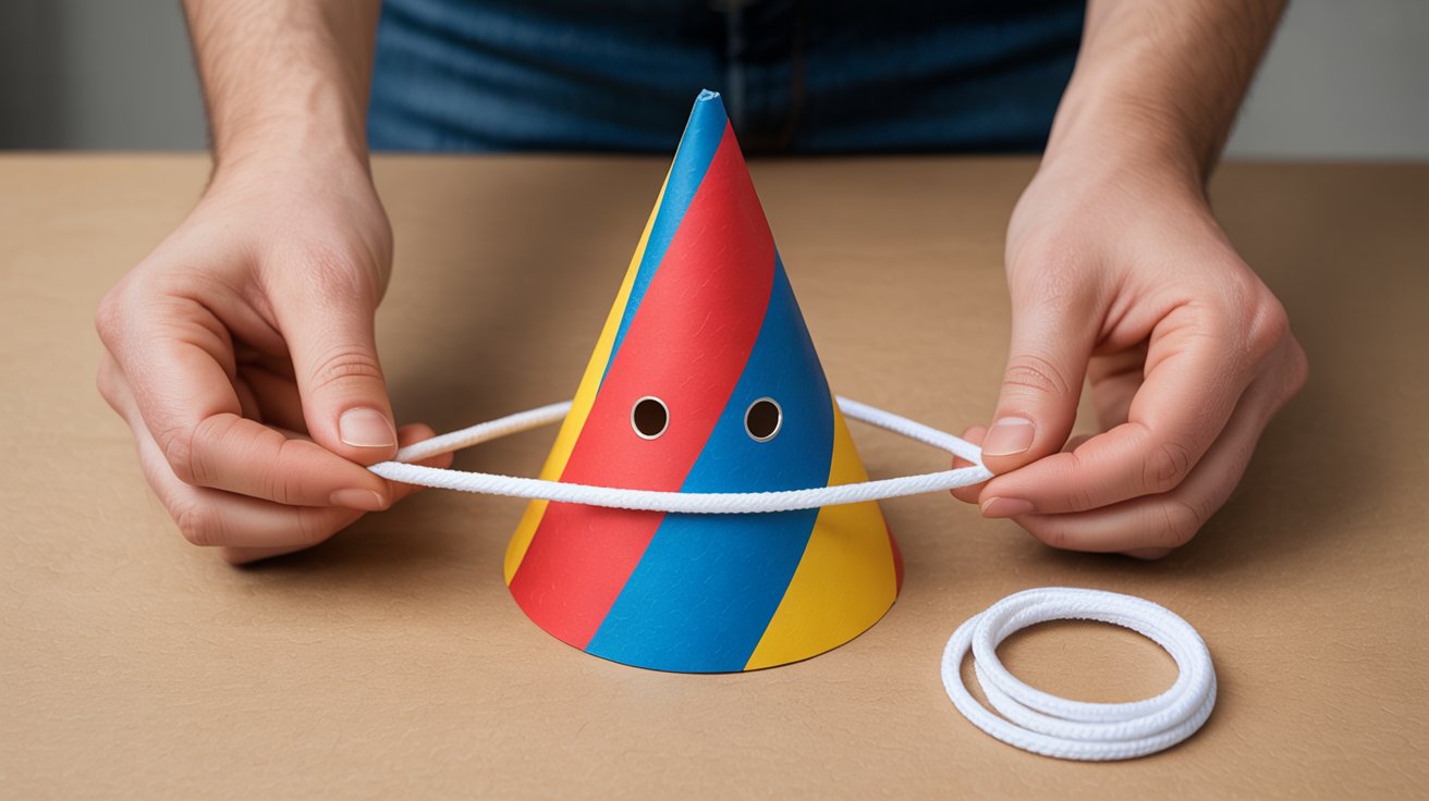 Adding elastic string to a paper party hat for a secure fit