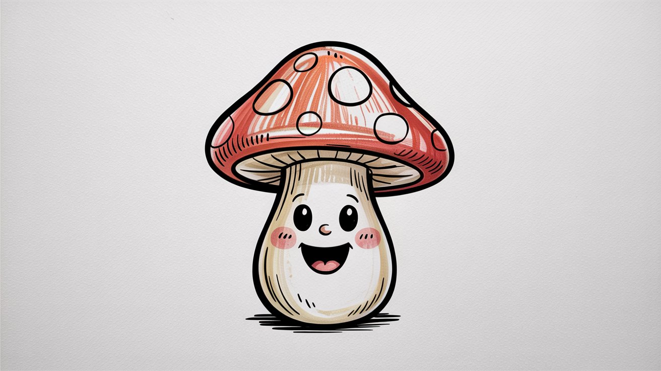 Happy mushroom character with an open smile and red spotted cap, drawn in bold ink lines.