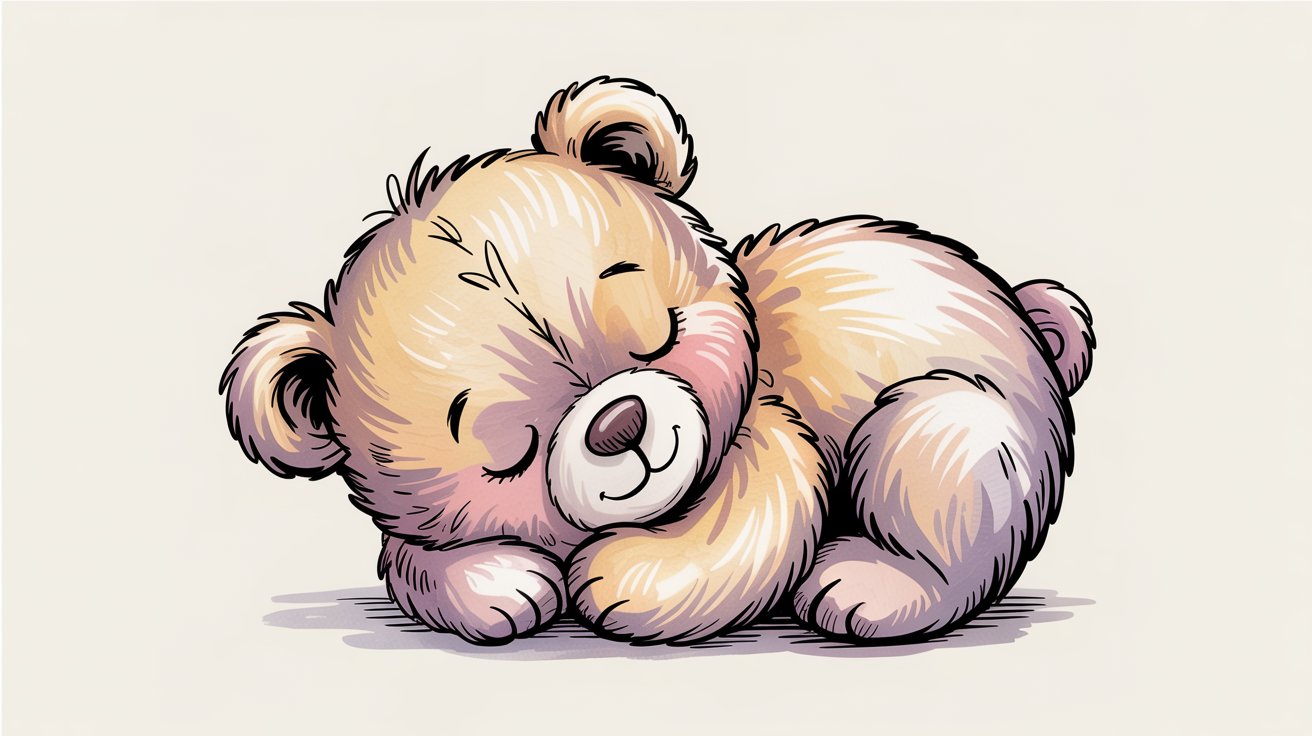 Sleepy golden teddy bear curled up napping with eyes closed and a soft smile.