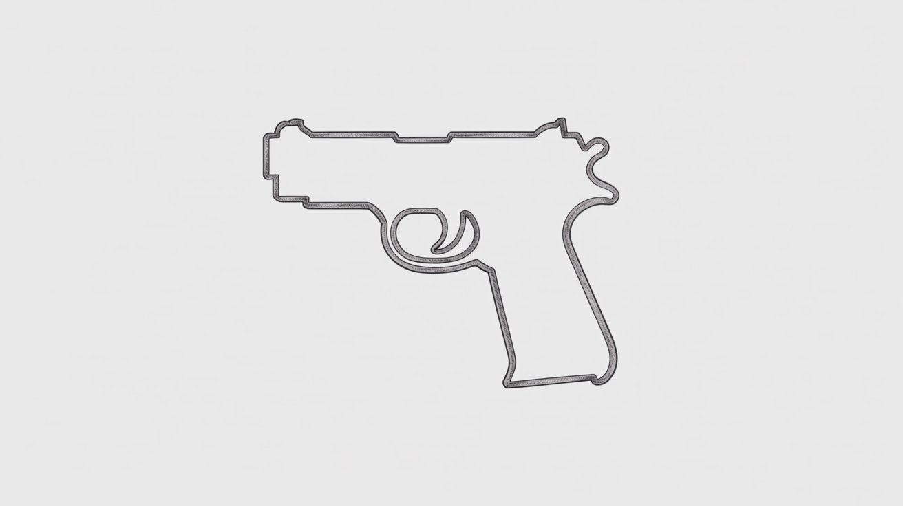 Minimal pencil outline of a pistol silhouette on a light gray background.