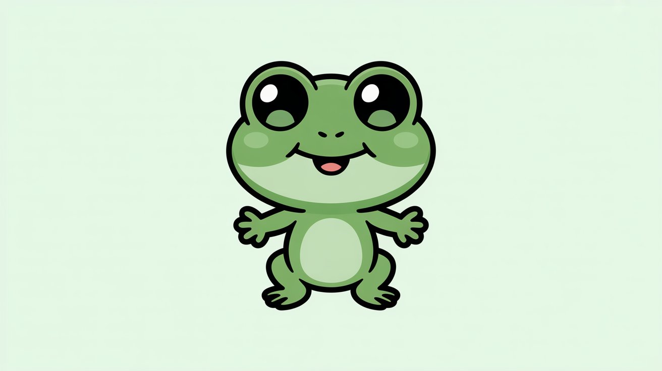 Cute kawaii frog with big shiny eyes and tiny smile stands with arms out on mint background