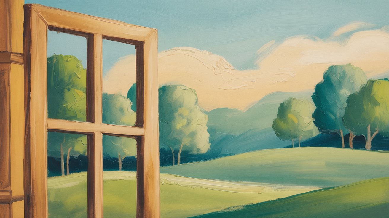 A painting with a view showing outside the window a greenery.