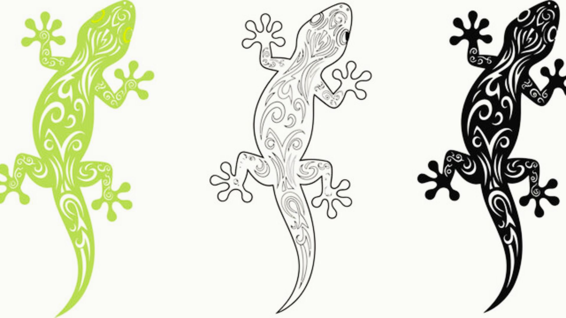 Three stylized geckos with tribal swirl patterns in lime green, white outline, and black.