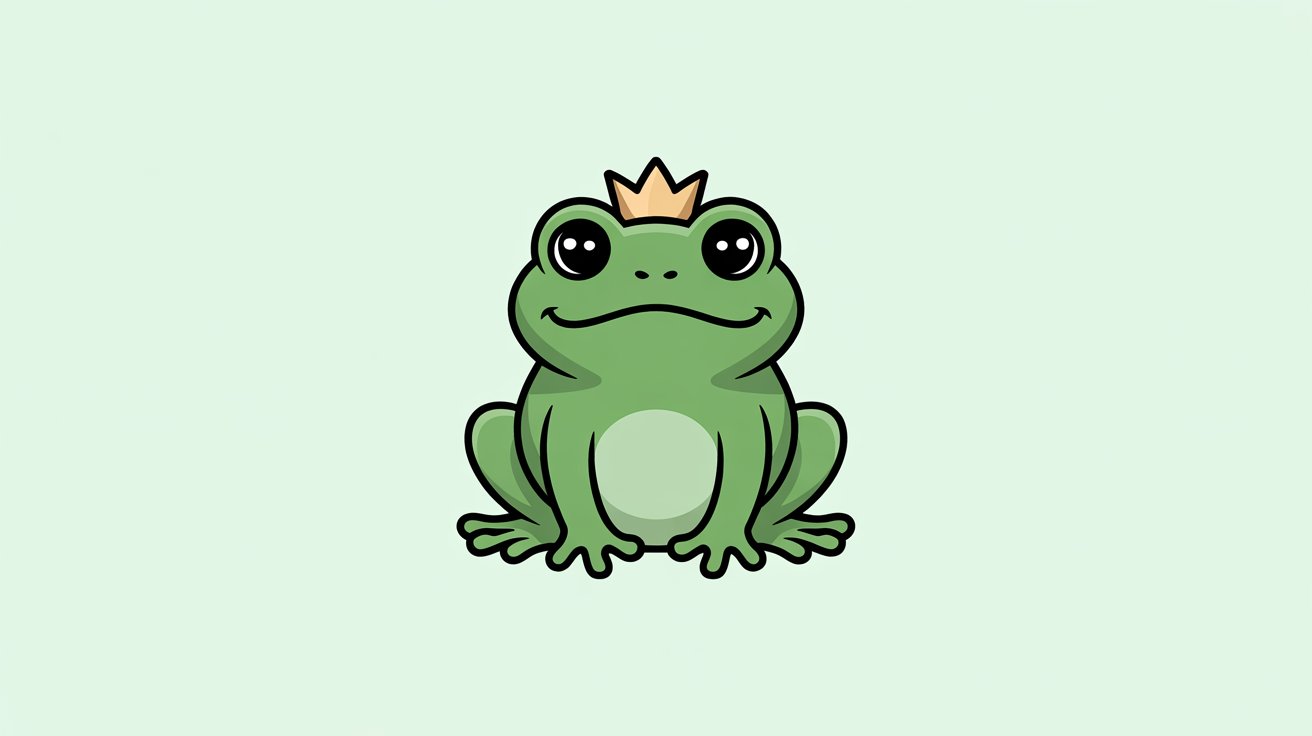 Adorable frog prince with tiny gold crown and big eyes sits centered on soft green backdrop