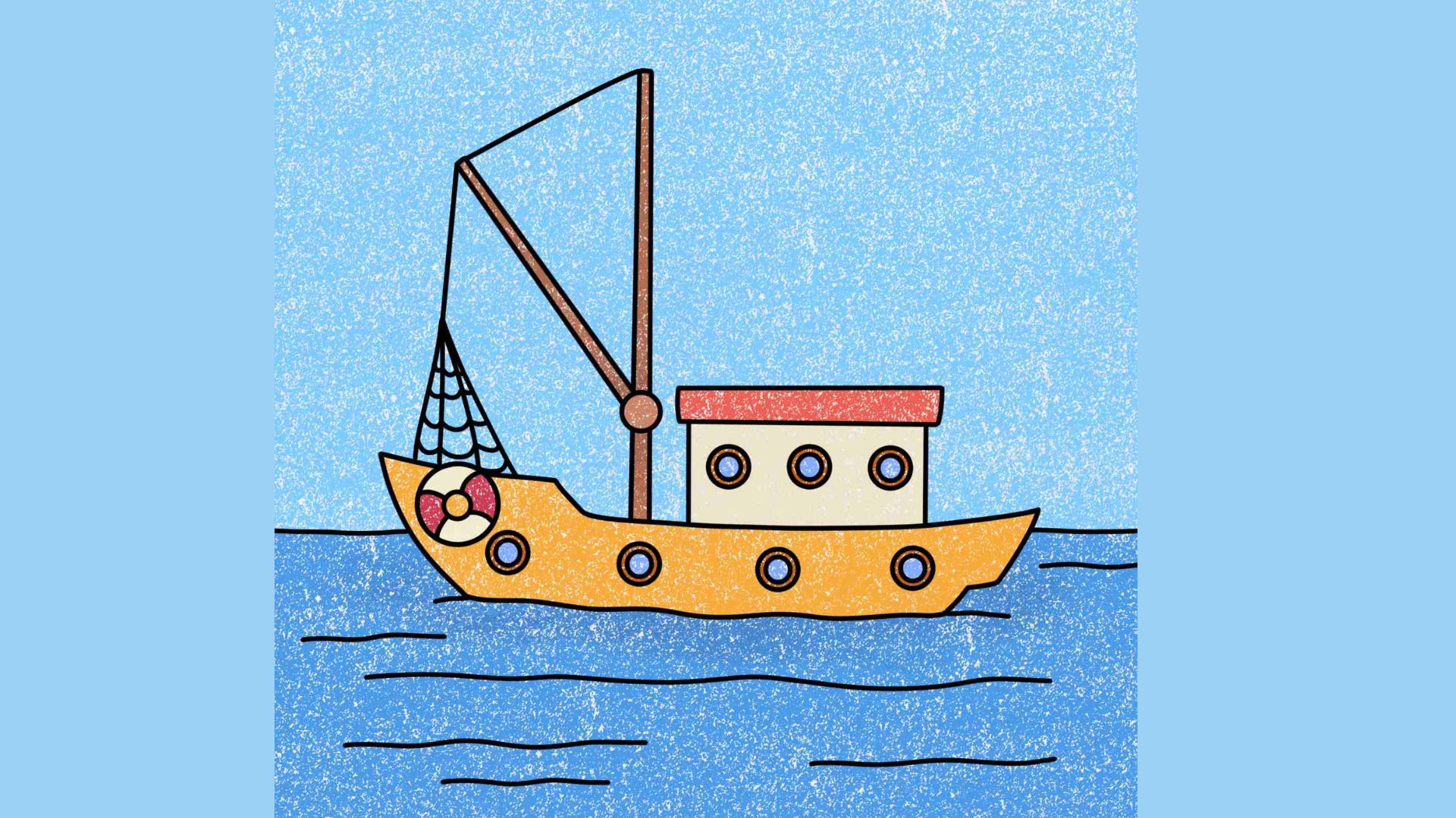 "A cartoon boat with a fishing net on board, floating on calm waters under a clear blue sky."