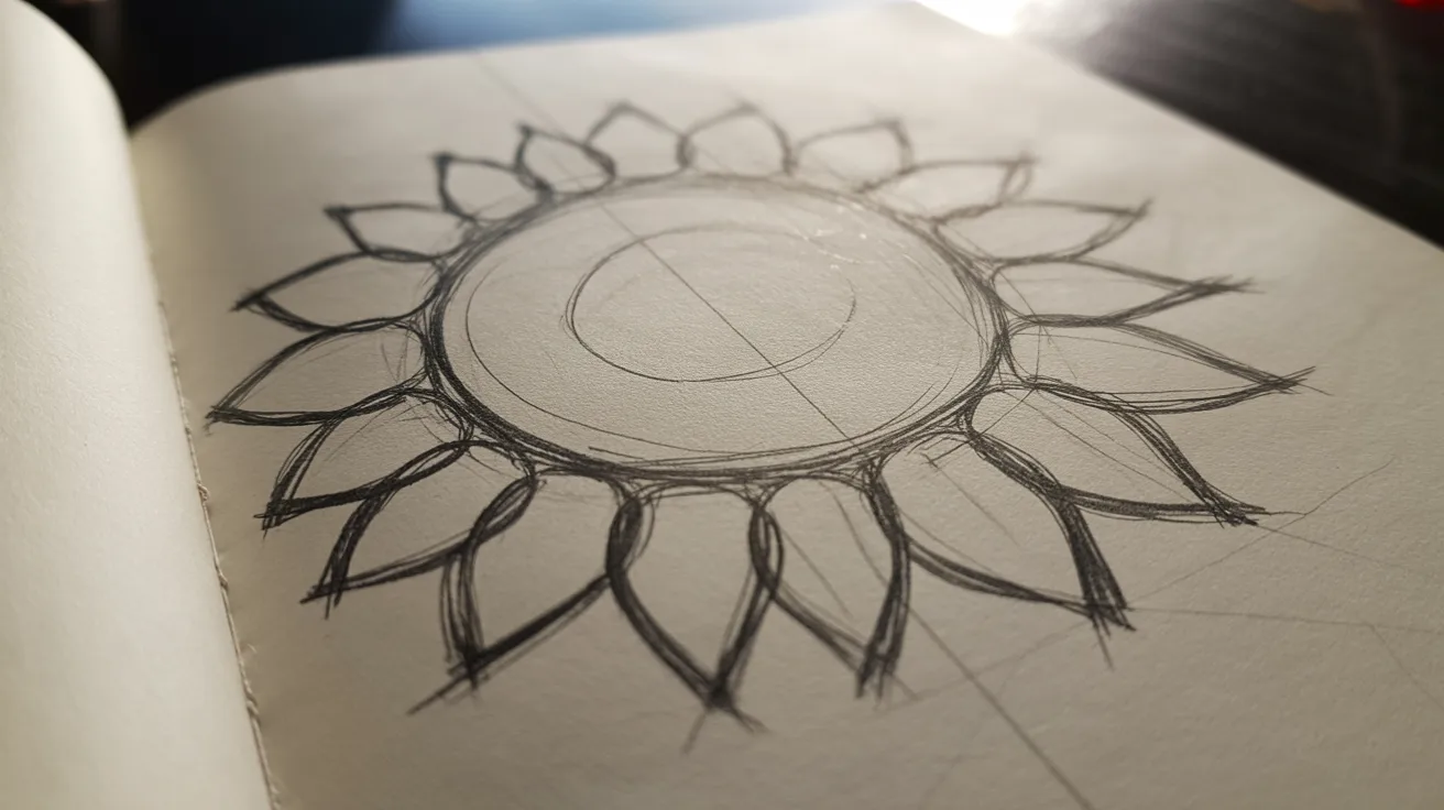 Sunflower drawing step with petals sketched around circle using natural uneven shapes in pencil