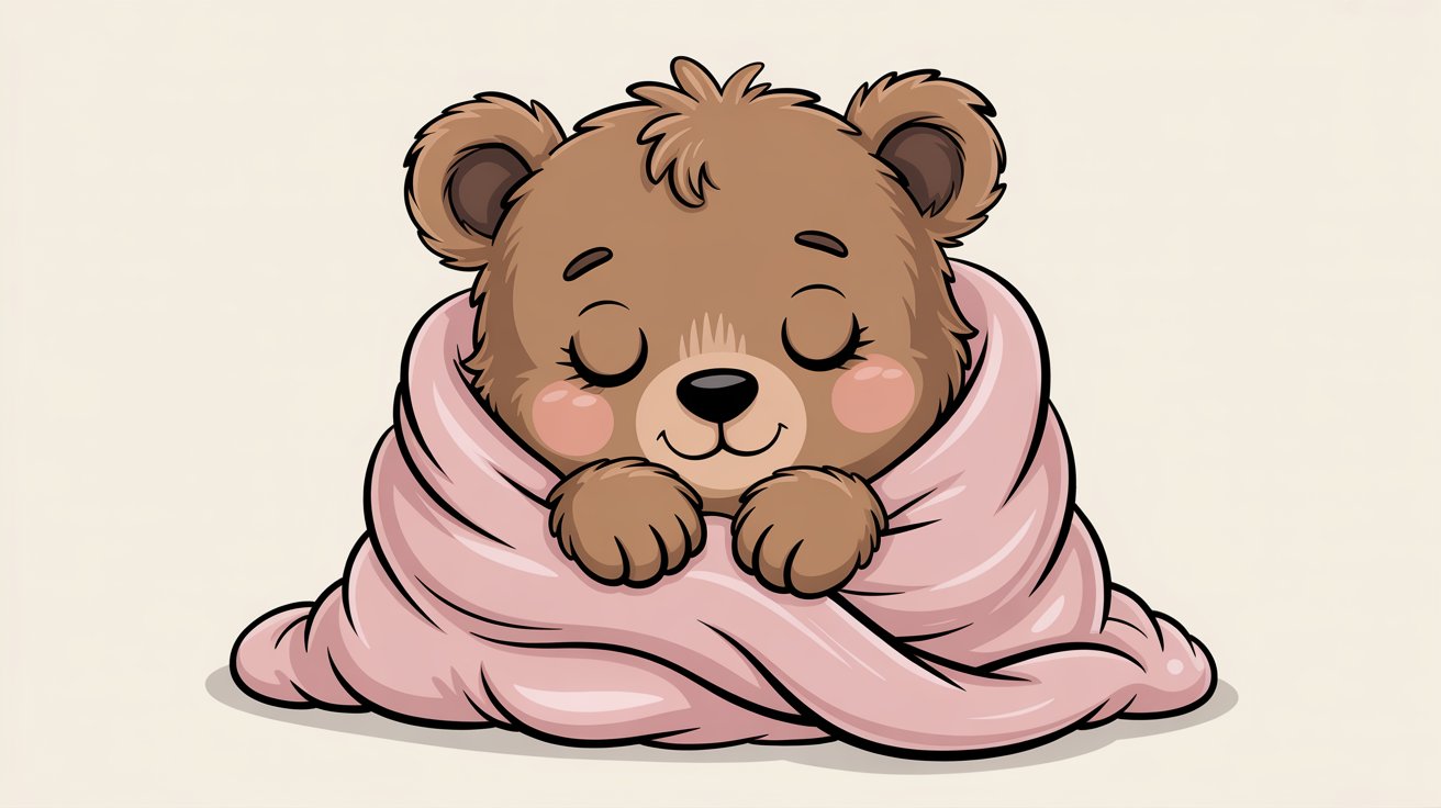 Content brown bear with closed eyes is wrapped snugly in a soft pink blanket.