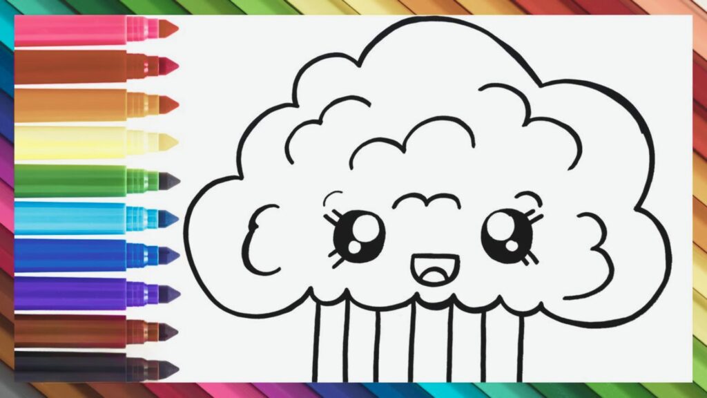 Black outline of a cute kawaii cloud with rain and big eyes next to rainbow markers, framed by a colorful border.