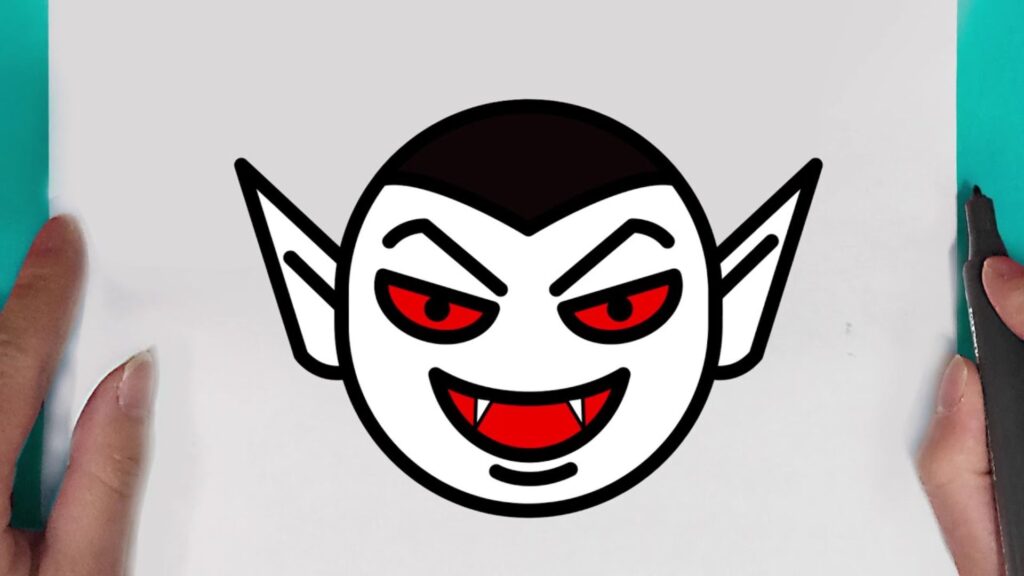 "Instructional image showing the process of drawing a vampire face, highlighting each step for clarity and detail."