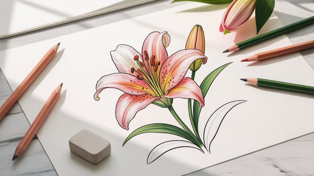 Soft illustration of a blooming lily with step by step sketch lines on white background