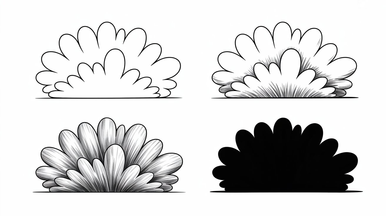 Four bush drawing examples in a grid showing progressive techniques.