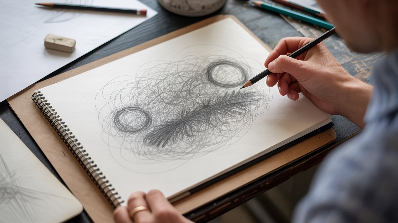 "Sketchbook with scribble to shape drawing warm up turning random lines into a form"