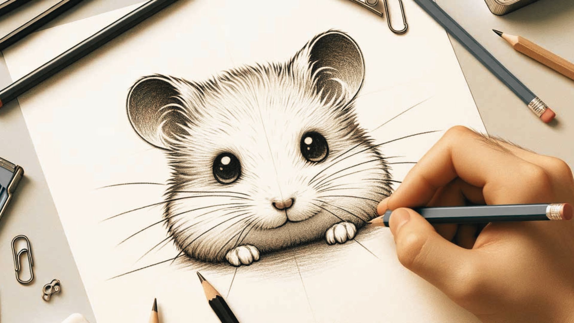 Detailed pen drawing of sitting hamster on card, artist adds texture.