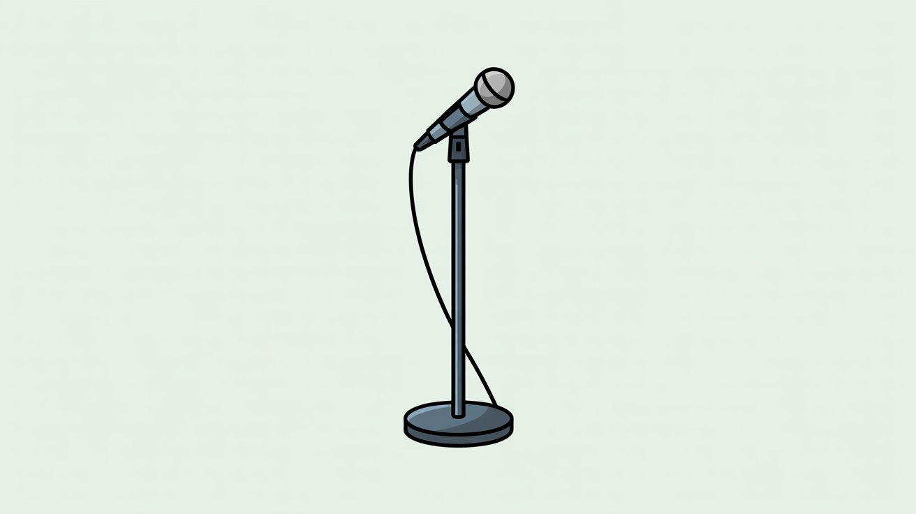 Minimal cartoon microphone on stand with black cable against plain light green background.