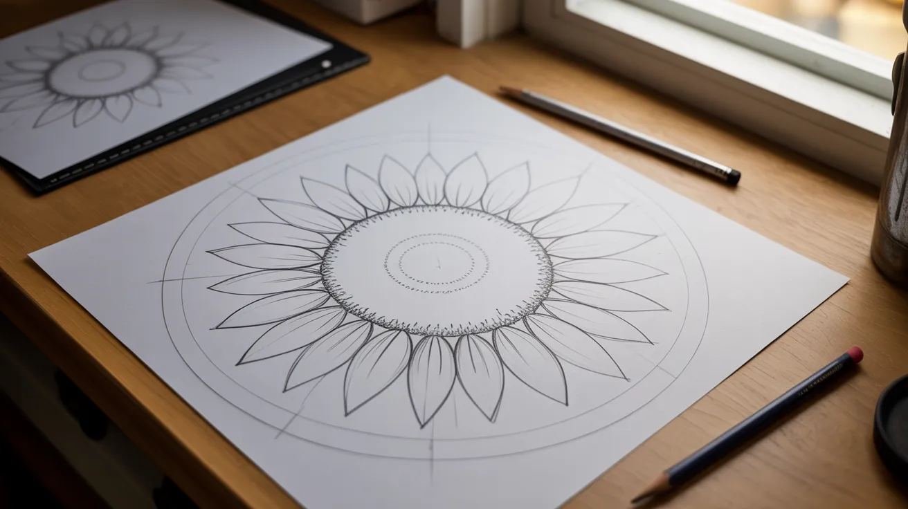 Sunflower drawing step showing two light guide circles forming the center and petal outline on paper