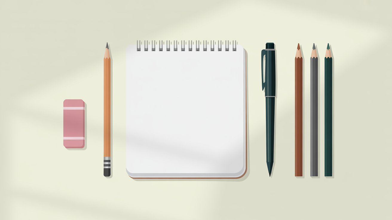 Basic drawing supplies including pencil eraser sketchbook pen and colored pencils arranged neatly on background