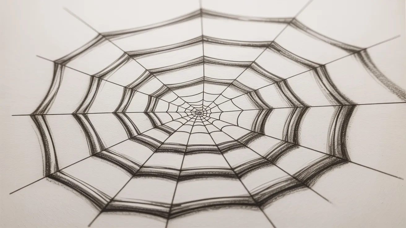 Spider web drawing step with multiple curved rings expanding outward forming full web